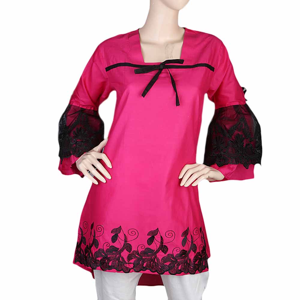 Women's Front Bow Embroidered Kurti - Pink, Women, Ready Kurtis, Chase Value, Chase Value