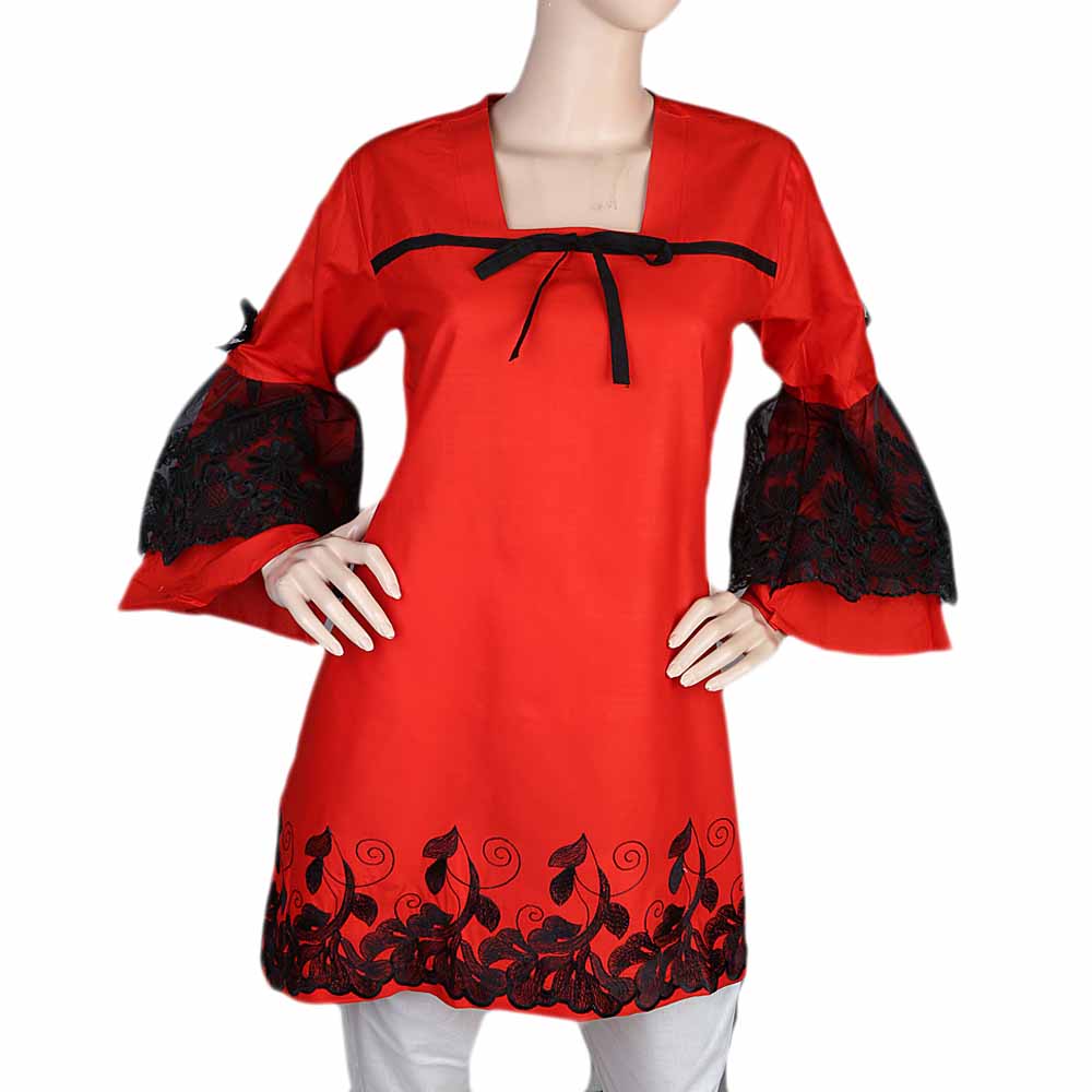 Women's Front Bow Embroidered Kurti -Red, Women, Ready Kurtis, Chase Value, Chase Value
