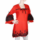 Women's Front Bow Embroidered Kurti - Red, Women, Ready Kurtis, Chase Value, Chase Value