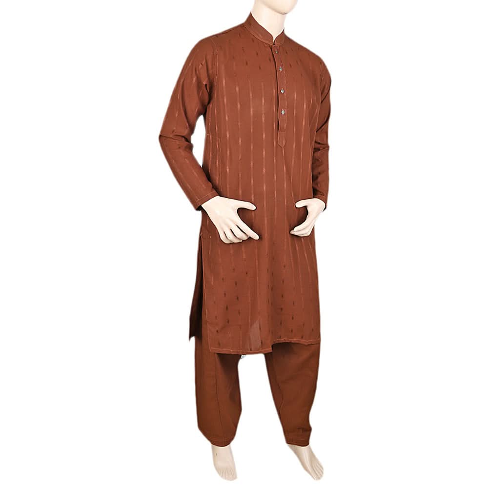 Men's Shalwar Kurta Band Collar -Jacquard- Brown, Men's Fashion, Chase Value, Chase Value