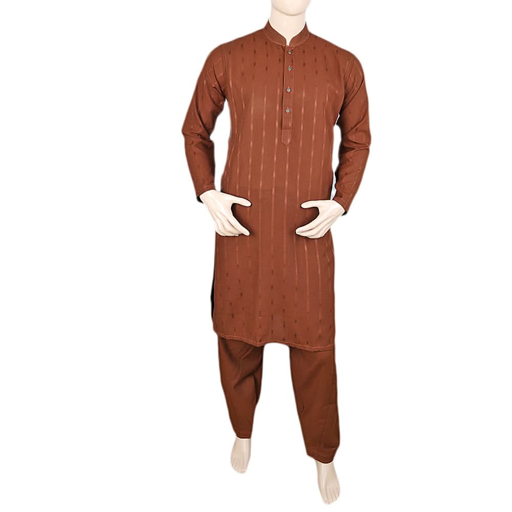 Men's Shalwar Kurta Band Collar -Jacquard- Brown, Men's Fashion, Chase Value, Chase Value