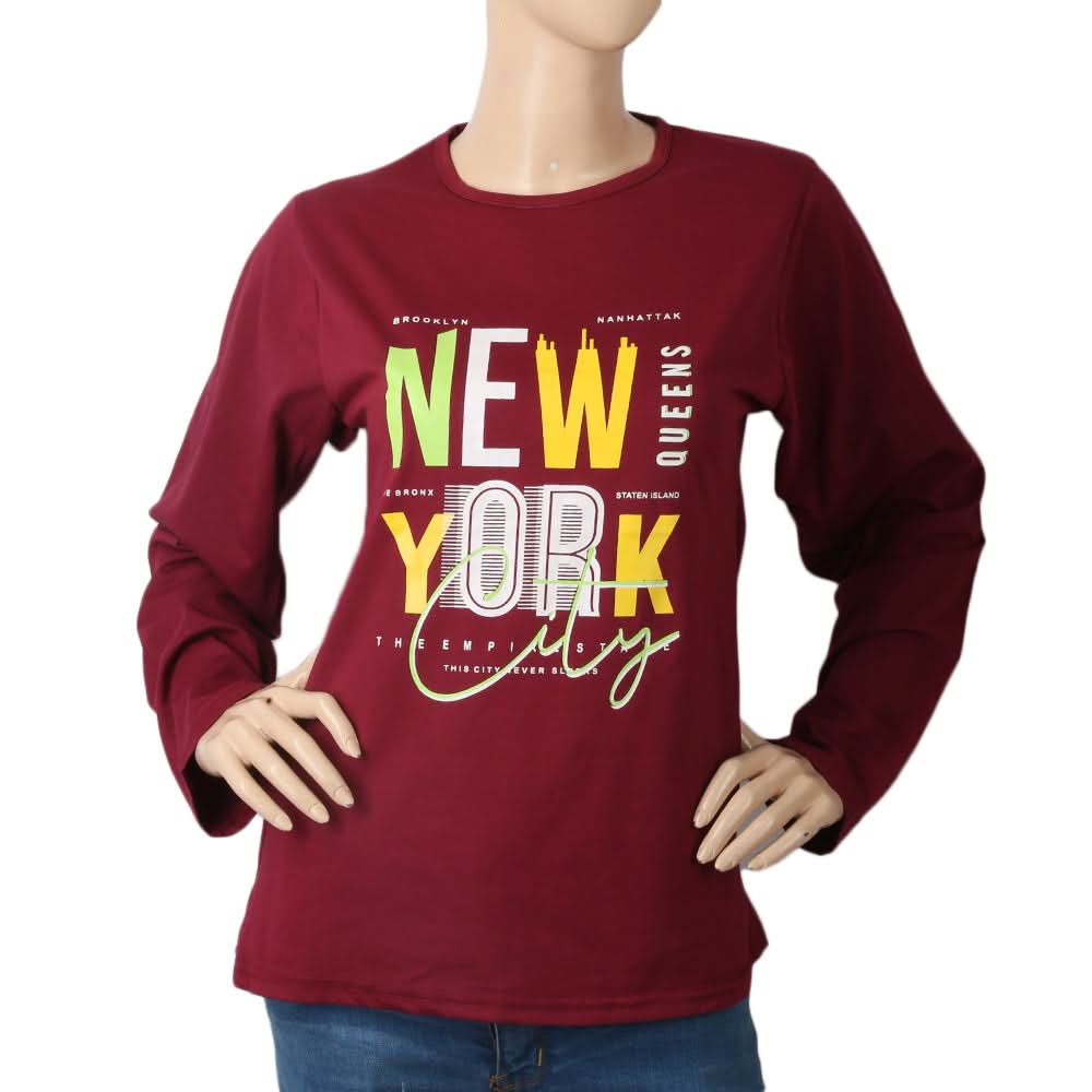 Women's Printed T. Shirt Full Sleeves - Maroon, Women, T-Shirts And Tops, Chase Value, Chase Value