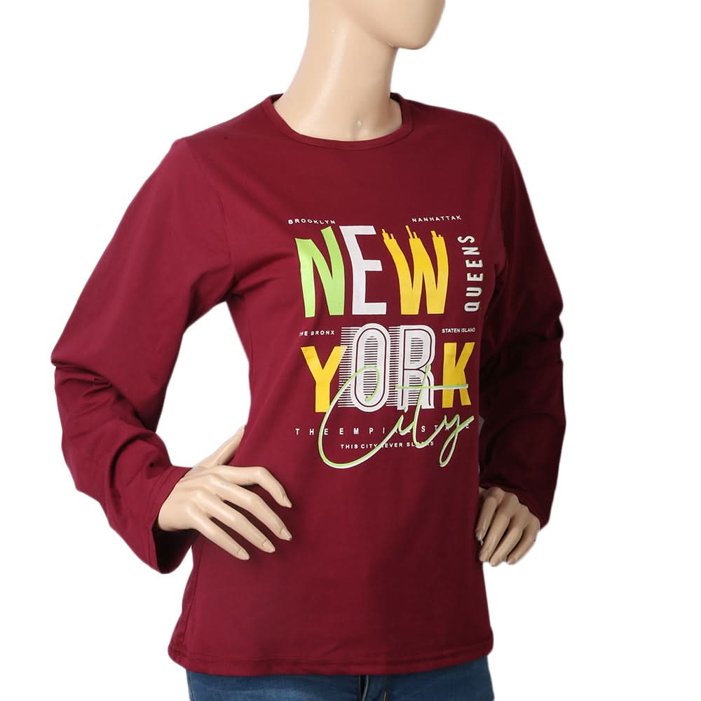 Women's Printed T. Shirt Full Sleeves - Maroon, Women, T-Shirts And Tops, Chase Value, Chase Value