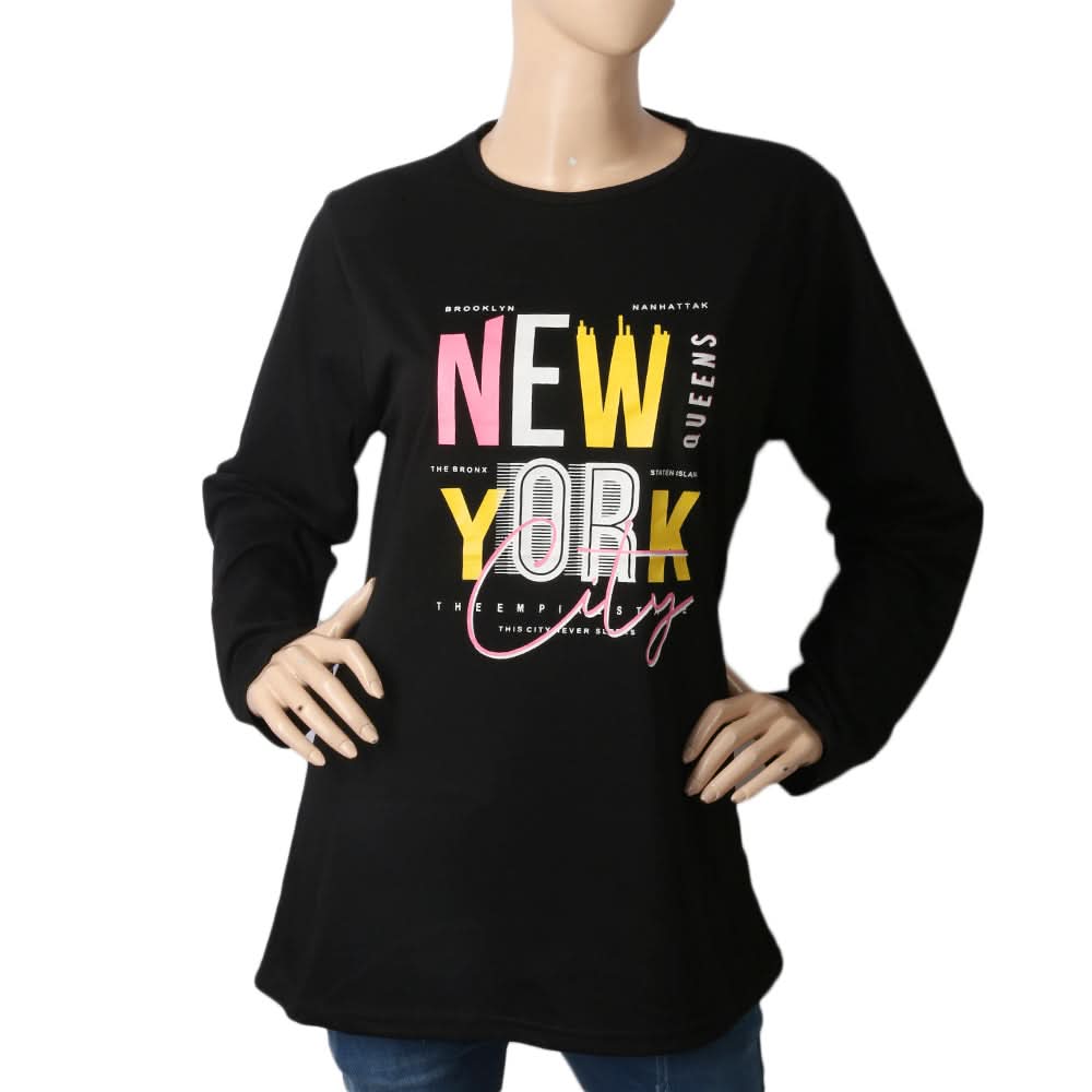 Women's Printed T. Shirt Full Sleeves - Black, Women, T-Shirts And Tops, Chase Value, Chase Value