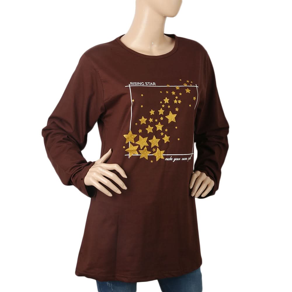 Women's Printed T. Shirt Full Sleeves - Dark Brown, Women, T-Shirts And Tops, Chase Value, Chase Value