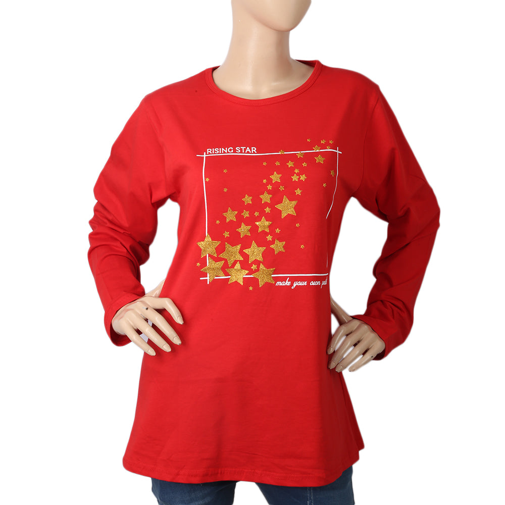 Women's Printed T. Shirt Full Sleeves - Red, Women, T-Shirts And Tops, Chase Value, Chase Value