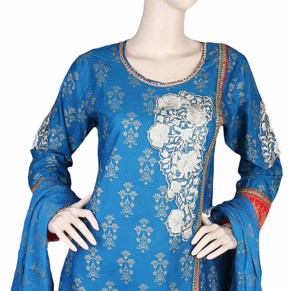 Women's Fancy Embroidered 3 Piece Suit - Steel Blue, Women, Shalwar Suits, Chase Value, Chase Value