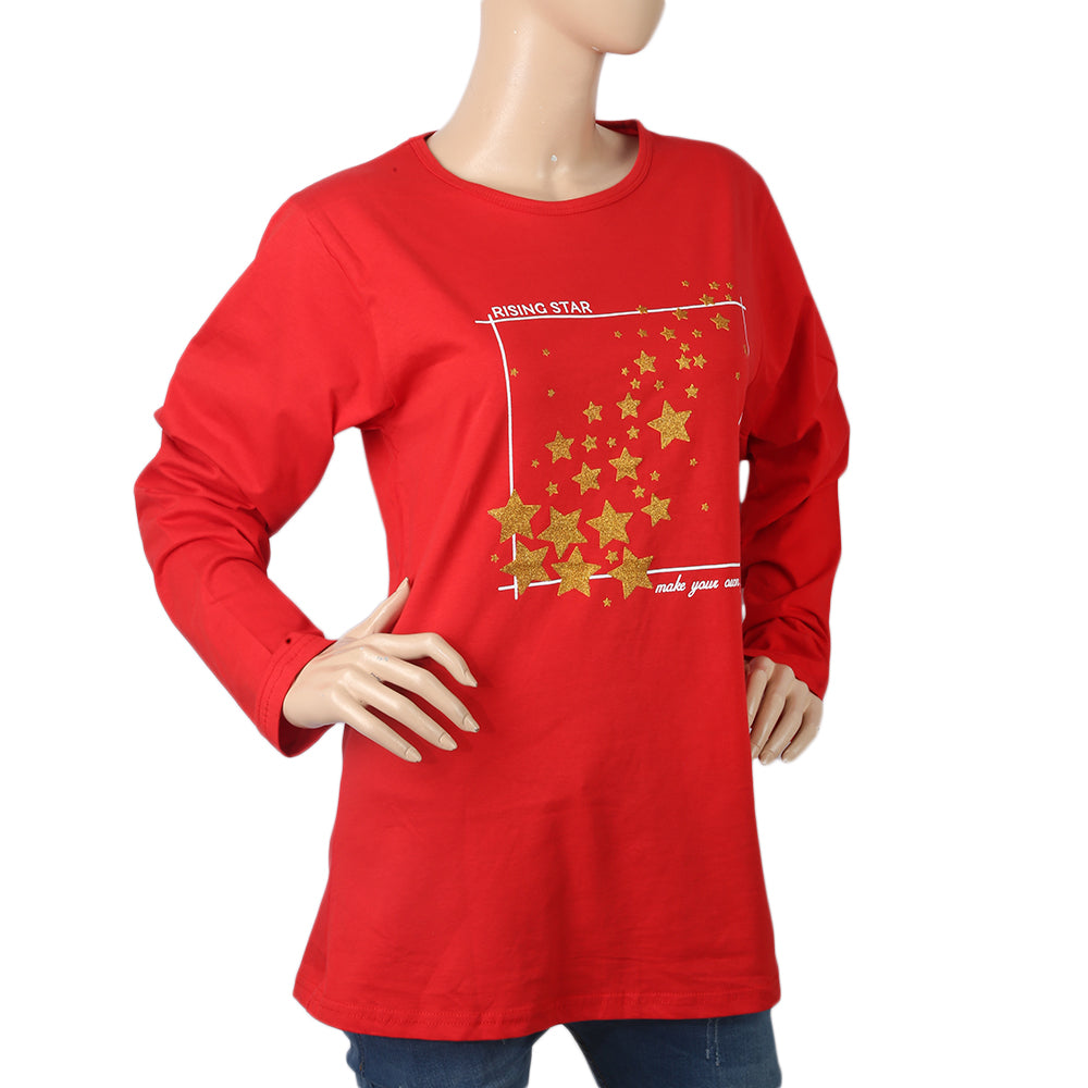 Women's Printed T. Shirt Full Sleeves - Red, Women, T-Shirts And Tops, Chase Value, Chase Value