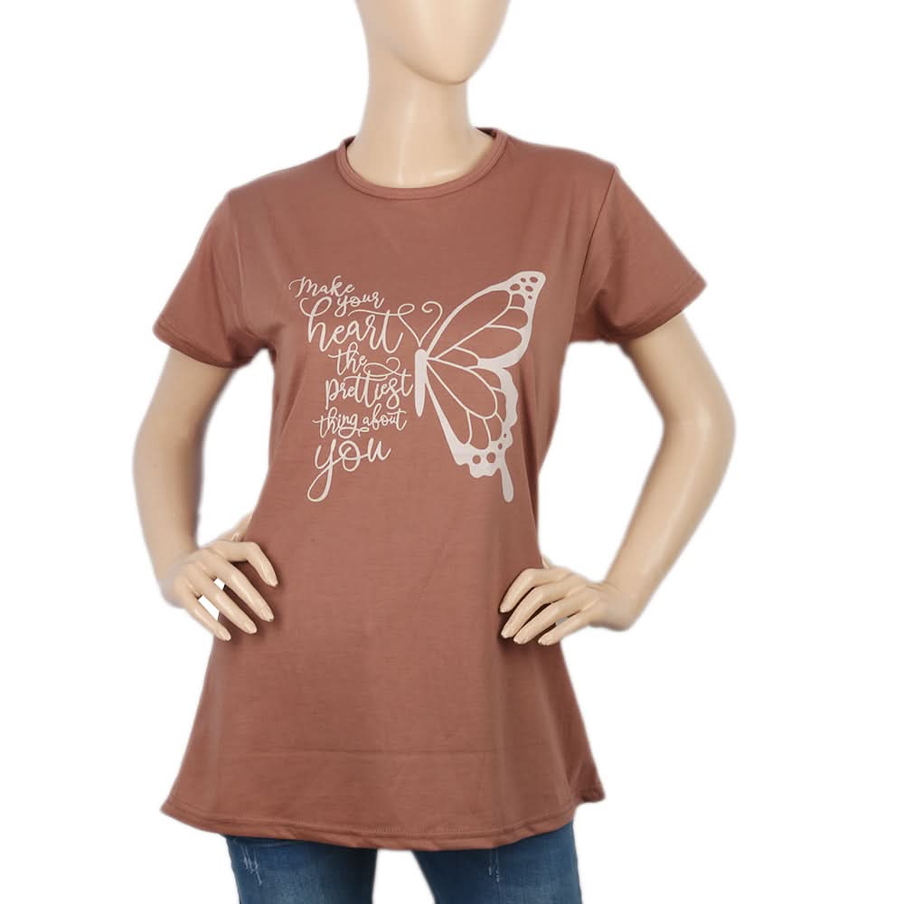 Women's Half Sleeves Chest Print  T-Shirt - Coffee, Women, T-Shirts And Tops, Chase Value, Chase Value