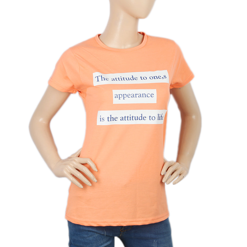 Women's Half Sleeves Chest Print  T-Shirt - Peach, Women, T-Shirts And Tops, Chase Value, Chase Value