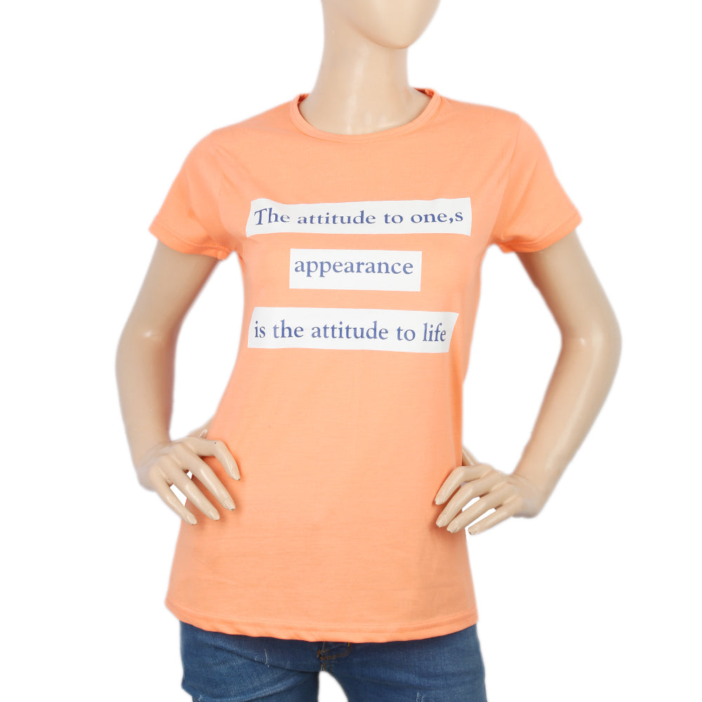 Women's Half Sleeves Chest Print  T-Shirt - Peach, Women, T-Shirts And Tops, Chase Value, Chase Value