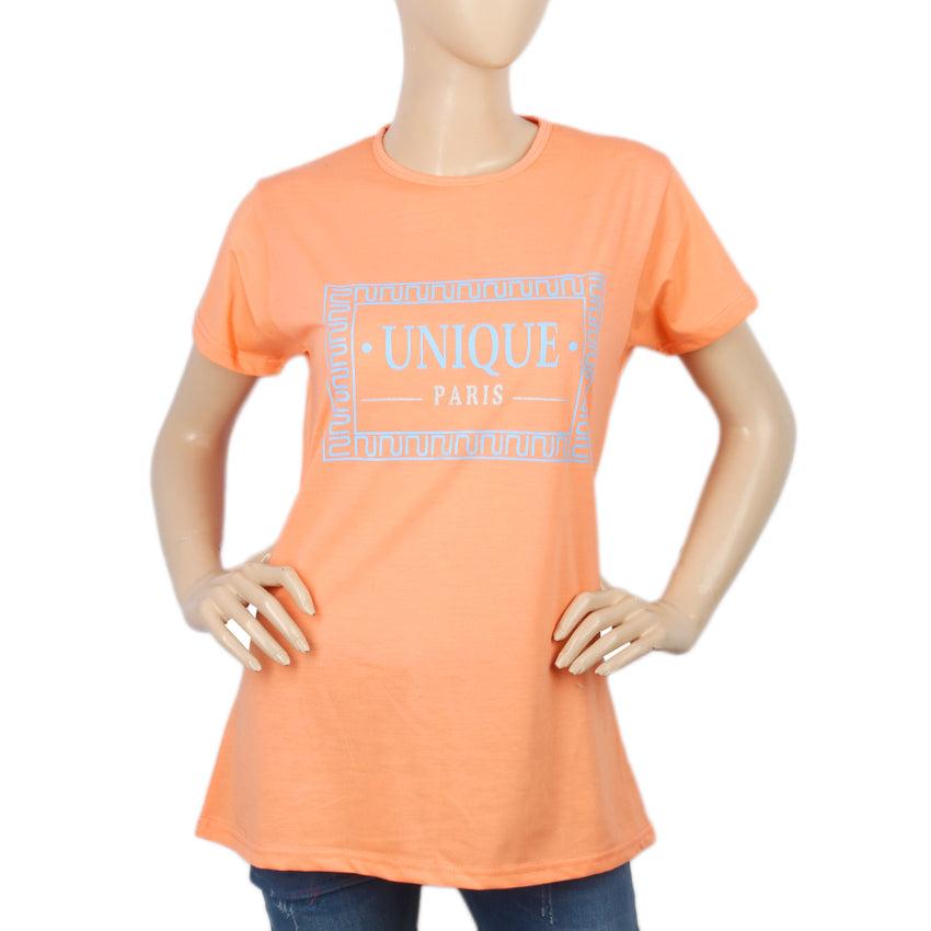 Women's Half Sleeves Chest Print  T-Shirt - Peach, Women, T-Shirts And Tops, Chase Value, Chase Value