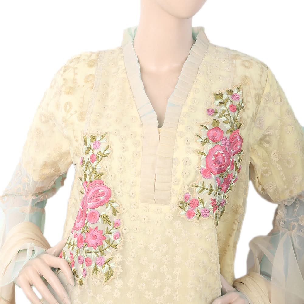 Women's Fancy Net 03 Pcs Suit - Beige, Women, Shalwar Suits, Chase Value, Chase Value
