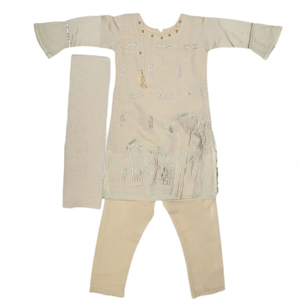 Girls Embroidered Fancy Suit 3 Pcs - Beige, Kids, Girls Sets And Suits, Chase Value, Chase Value