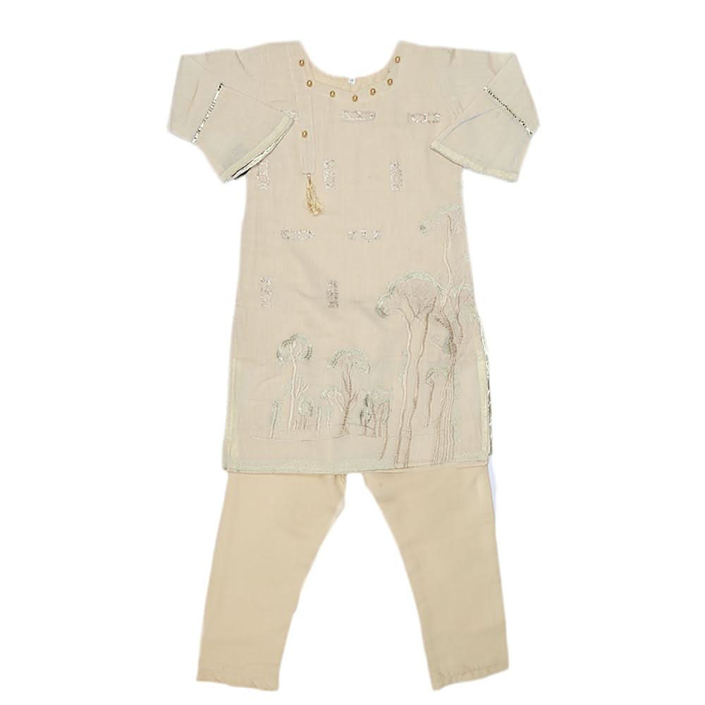 Girls Embroidered Fancy Suit 3 Pcs - Beige, Kids, Girls Sets And Suits, Chase Value, Chase Value