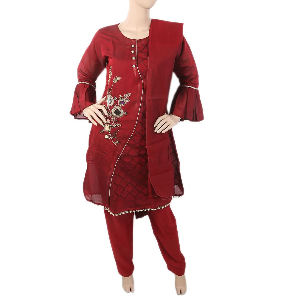 Women's Embroidered Fancy 03 Pcs Suit - Maroon, Women, Shalwar Suits, Chase Value, Chase Value