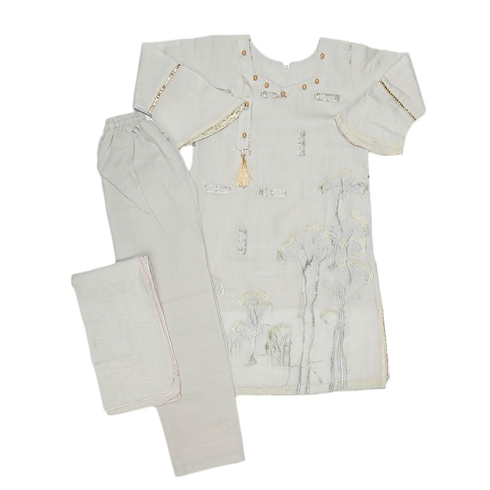 Girls Embroidered Fancy Suit 3 Pcs - Grey, Kids, Girls Sets And Suits, Chase Value, Chase Value