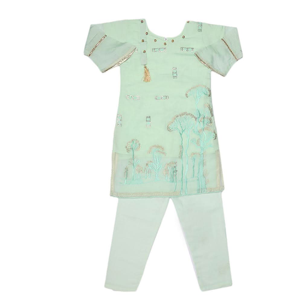 Girls Embroidered Fancy Suit 3 Pcs - Light Green, Kids, Girls Sets And Suits, Chase Value, Chase Value