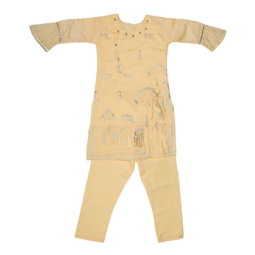 Girls Embroidered Fancy Suit 3 Pcs - Golden, Kids, Girls Sets And Suits, Chase Value, Chase Value