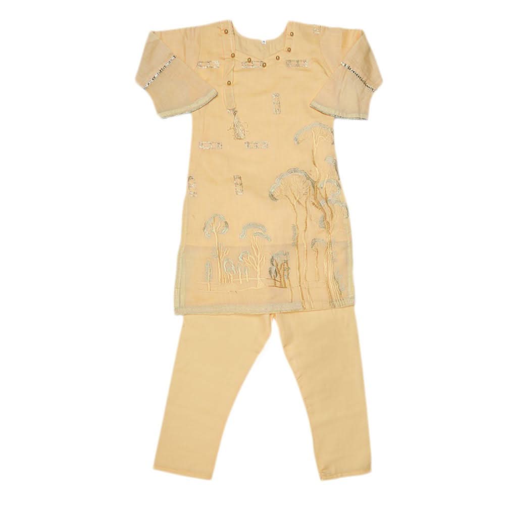Girls Embroidered Fancy Suit 3 Pcs - Golden, Kids, Girls Sets And Suits, Chase Value, Chase Value