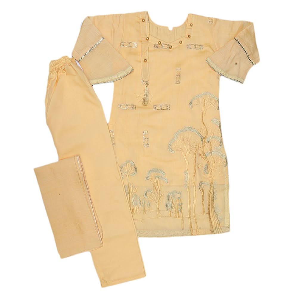 Girls Embroidered Fancy Suit 3 Pcs - Golden, Kids, Girls Sets And Suits, Chase Value, Chase Value
