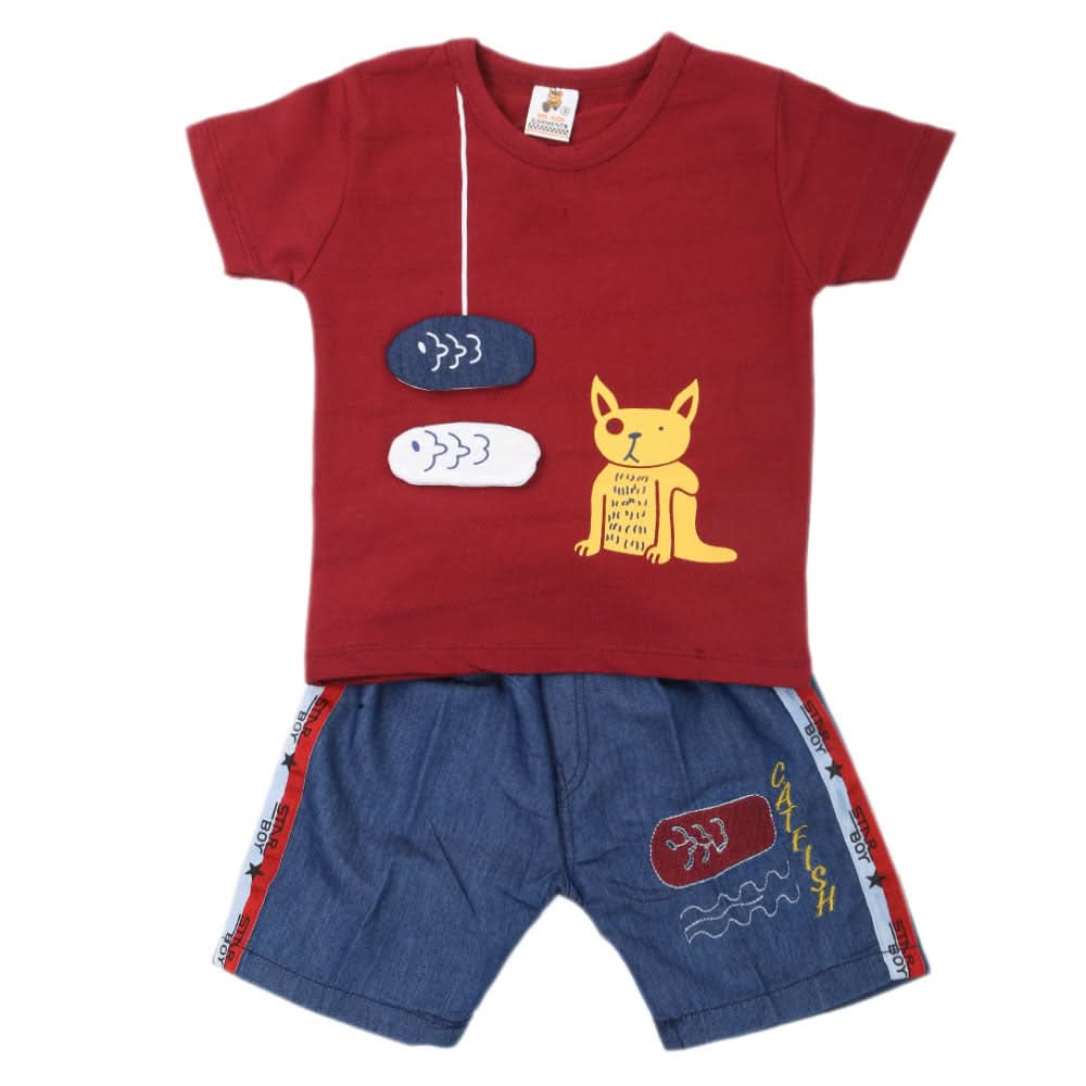 Boys 2 Pcs Suit Half Sleeves - Maroon, Kids, Boys Sets And Suits, Chase Value, Chase Value