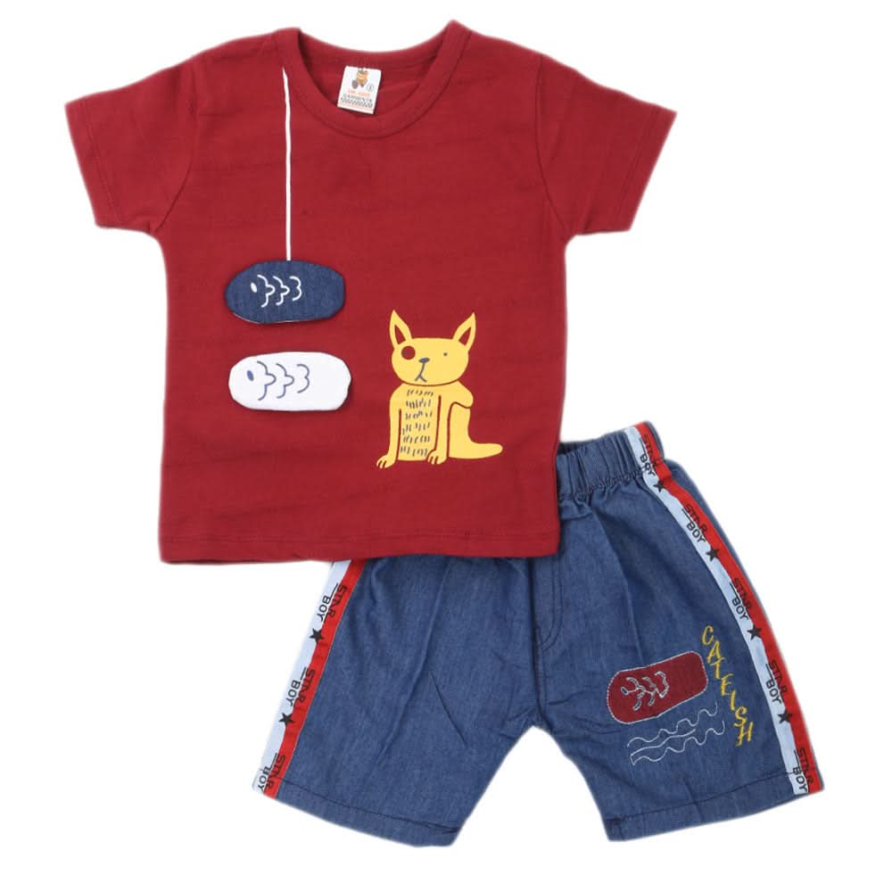 Boys 2 Pcs Suit Half Sleeves - Maroon, Kids, Boys Sets And Suits, Chase Value, Chase Value