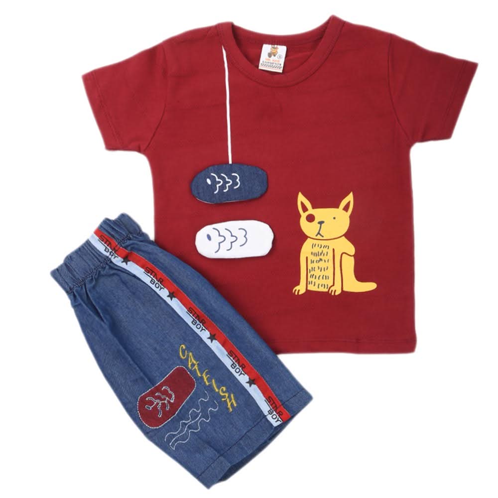 Boys 2 Pcs Suit Half Sleeves - Maroon, Kids, Boys Sets And Suits, Chase Value, Chase Value