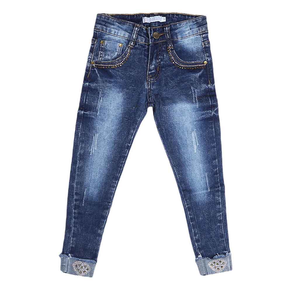 Girls Denim Pant - Dark-Blue, Kids Clothes, Chase Value, Chase Value
