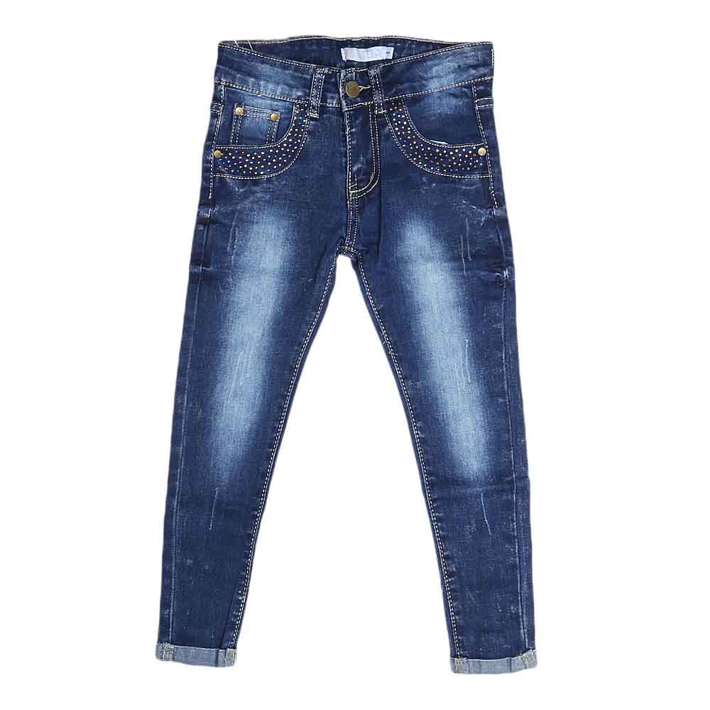 Girls Denim Pant - Dark-Blue, Kids Clothes, Chase Value, Chase Value