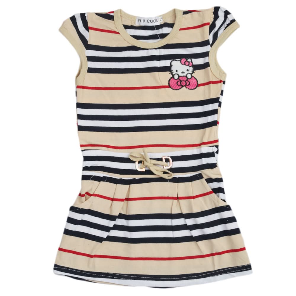Girls Yarn Dyed Half Sleeves T-Shirt - Beige, Kids, Girls T-Shirts, Chase Value, Chase Value