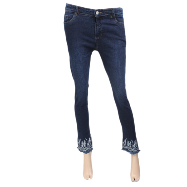 Women's Denim Pant Bottom Embroidered White - Dark Blue, Women, Pants & Tights, Chase Value, Chase Value