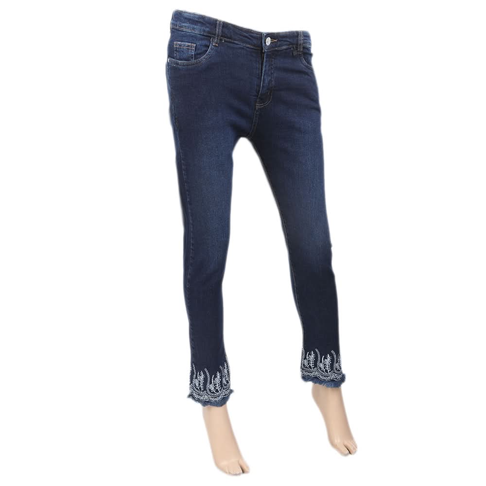 Women's Denim Pant Bottom Embroidered White - Dark Blue, Women, Pants & Tights, Chase Value, Chase Value