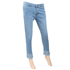 Women's Denim Pant Bottom Embroidered White - Light Blue, Women, Pants & Tights, Chase Value, Chase Value