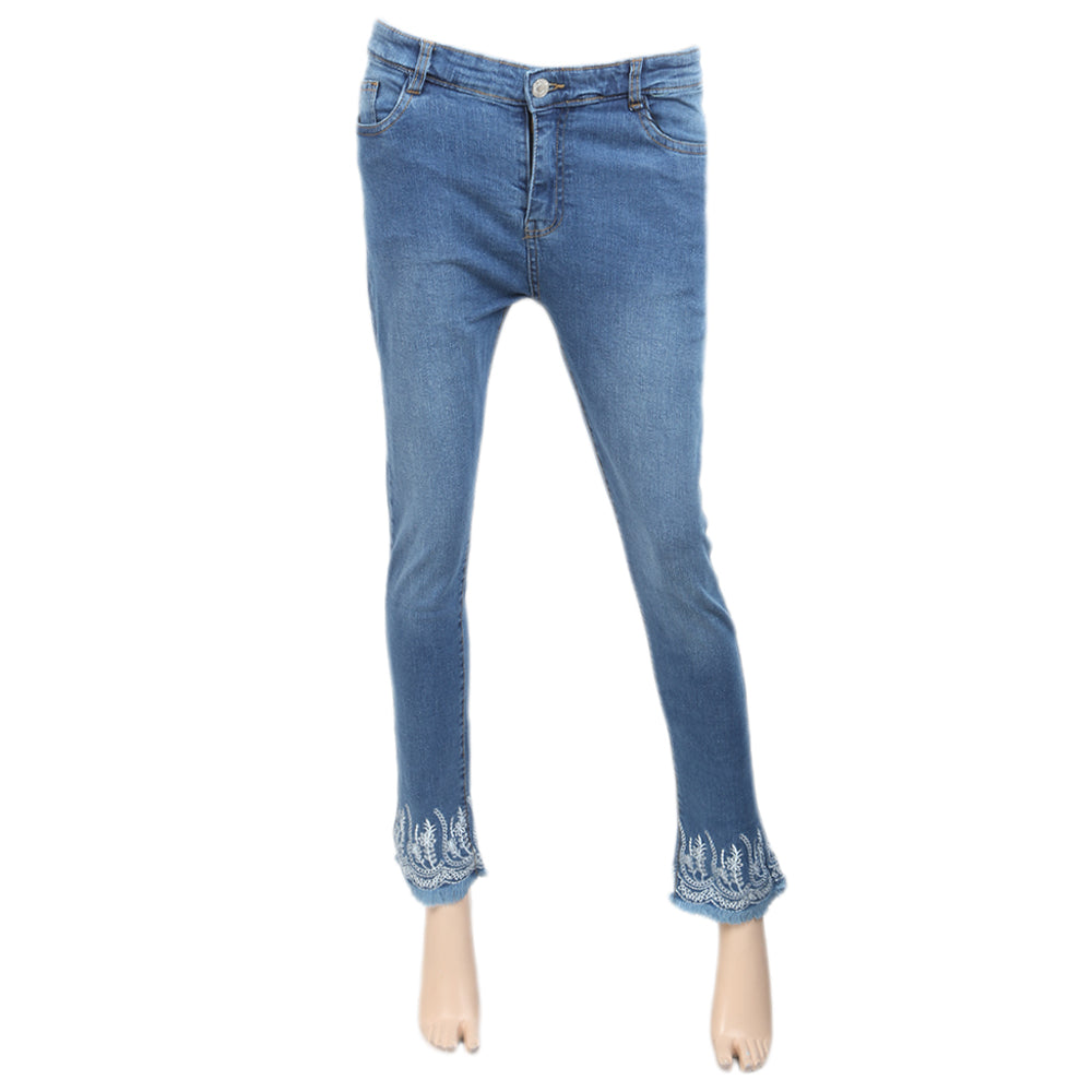 Women's Denim Pant Bottom Embroidered White - Mid Blue, Women, Pants & Tights, Chase Value, Chase Value