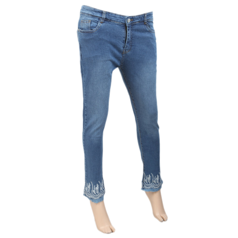 Women's Denim Pant Bottom Embroidered White - Mid Blue, Women, Pants & Tights, Chase Value, Chase Value