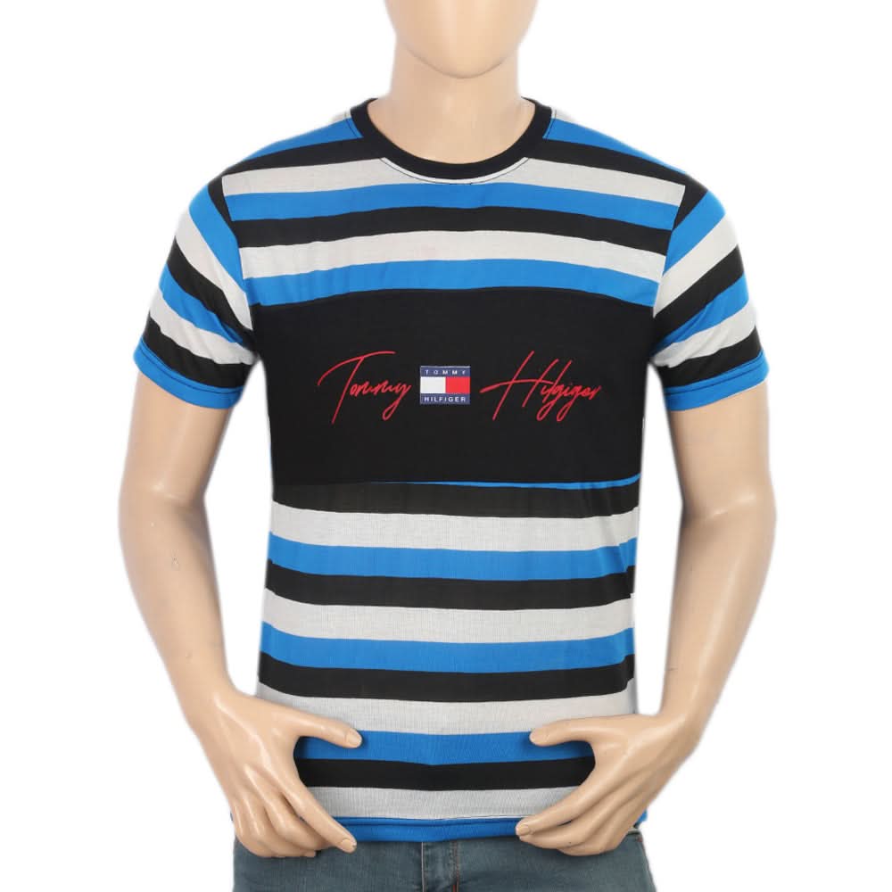 Men's Half Sleeves Yarn Dyed Round Neck T-Shirt - Blue, Men, T-Shirts And Polos, Chase Value, Chase Value