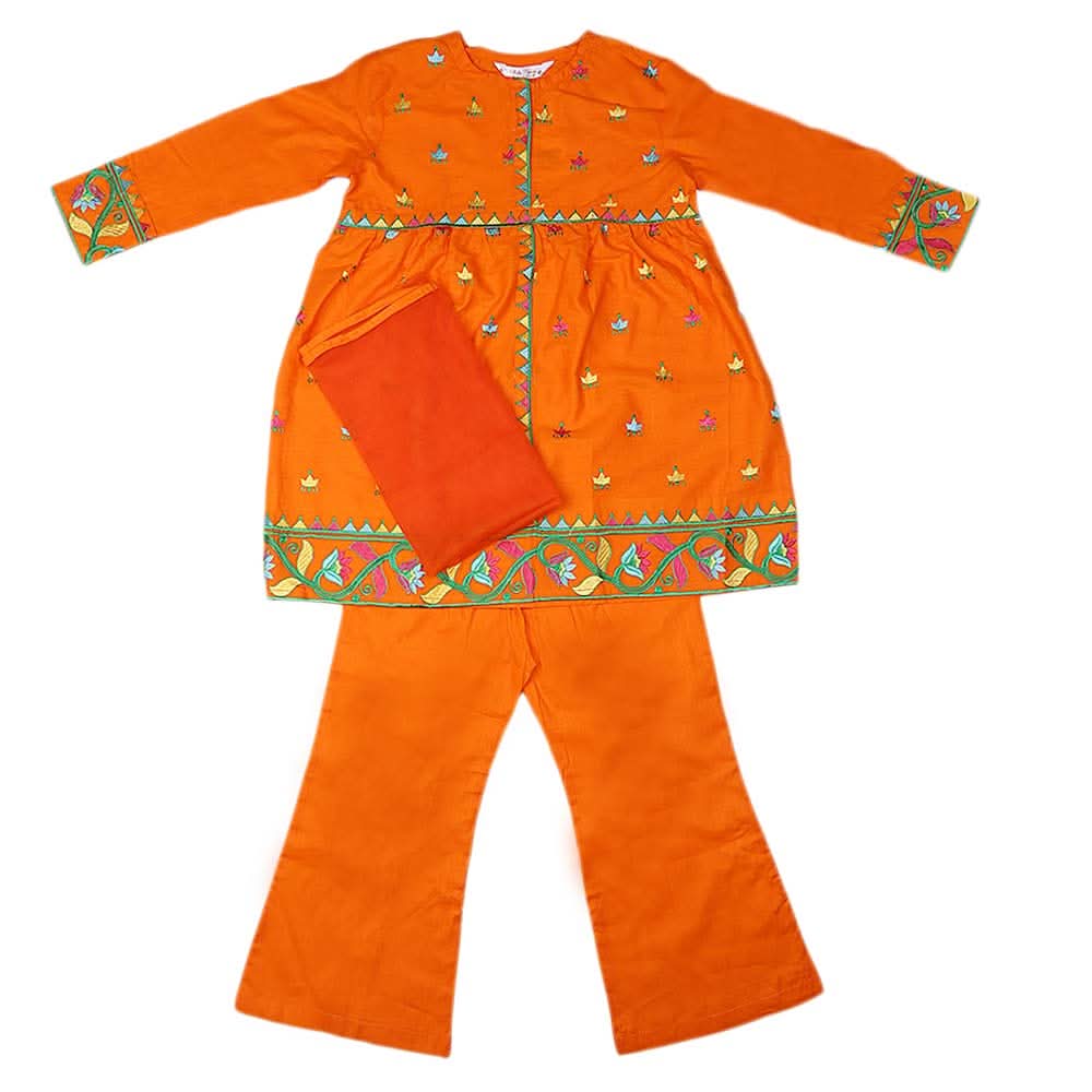 Girls Embroidered Cotton Suit 3 Pcs - Orange, Kids, Girls Sets And Suits, Chase Value, Chase Value
