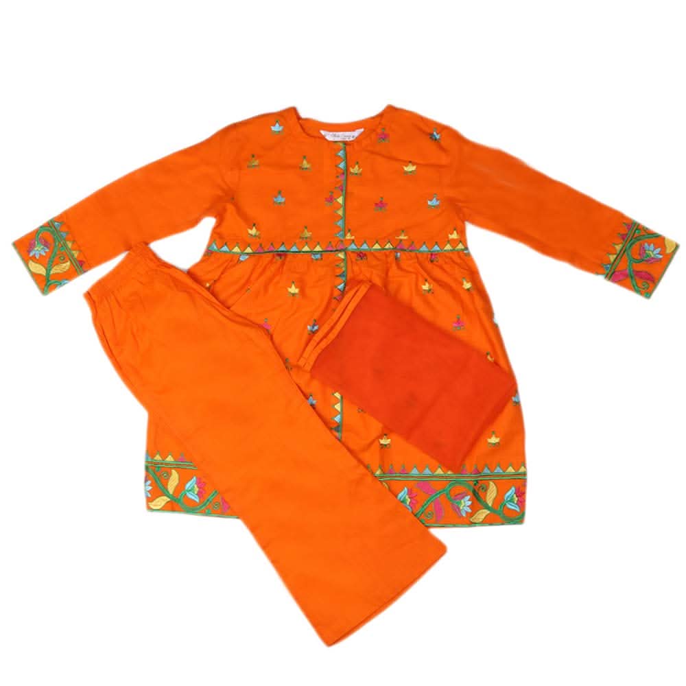 Girls Embroidered Cotton Suit 3 Pcs - Orange, Kids, Girls Sets And Suits, Chase Value, Chase Value