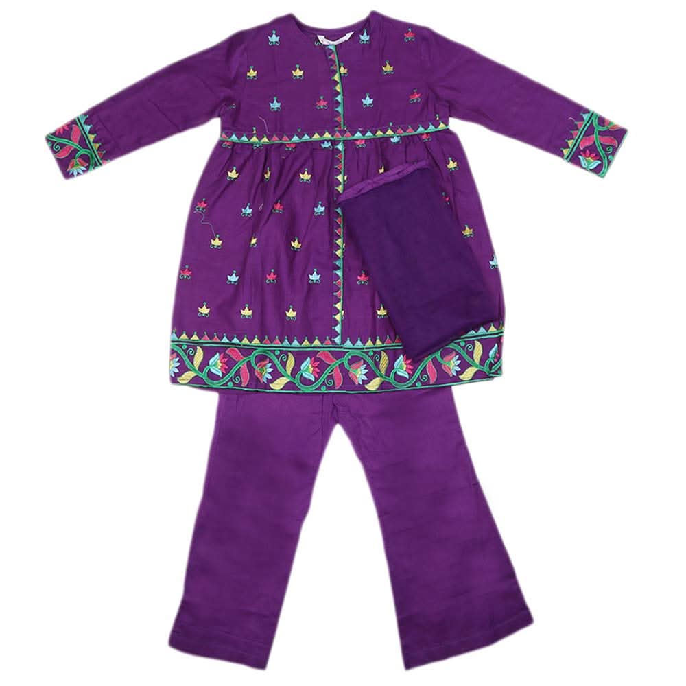 Girls Embroidered Cotton Suit 3 Pcs - Purple, Kids, Girls Sets And Suits, Chase Value, Chase Value