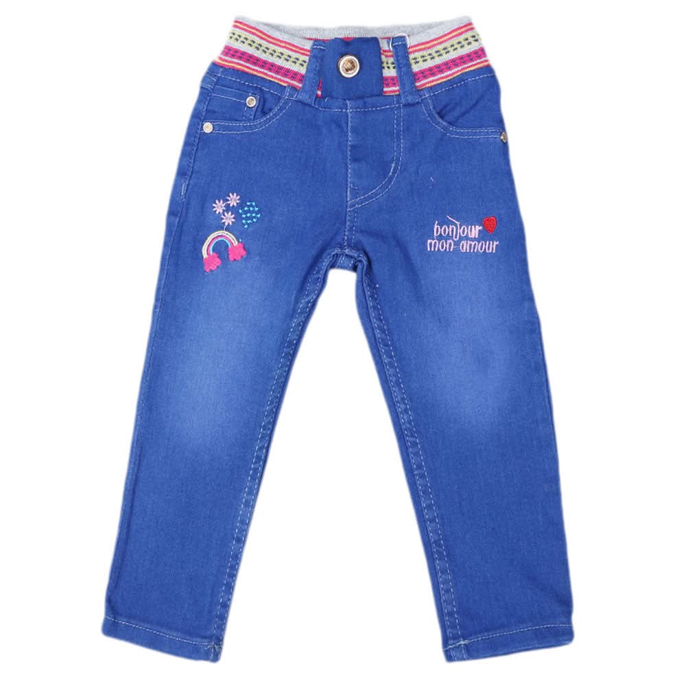 Girls Denim Embroidered Pant - Royal Blue, Kids, Girls Pants And Capri, Chase Value, Chase Value