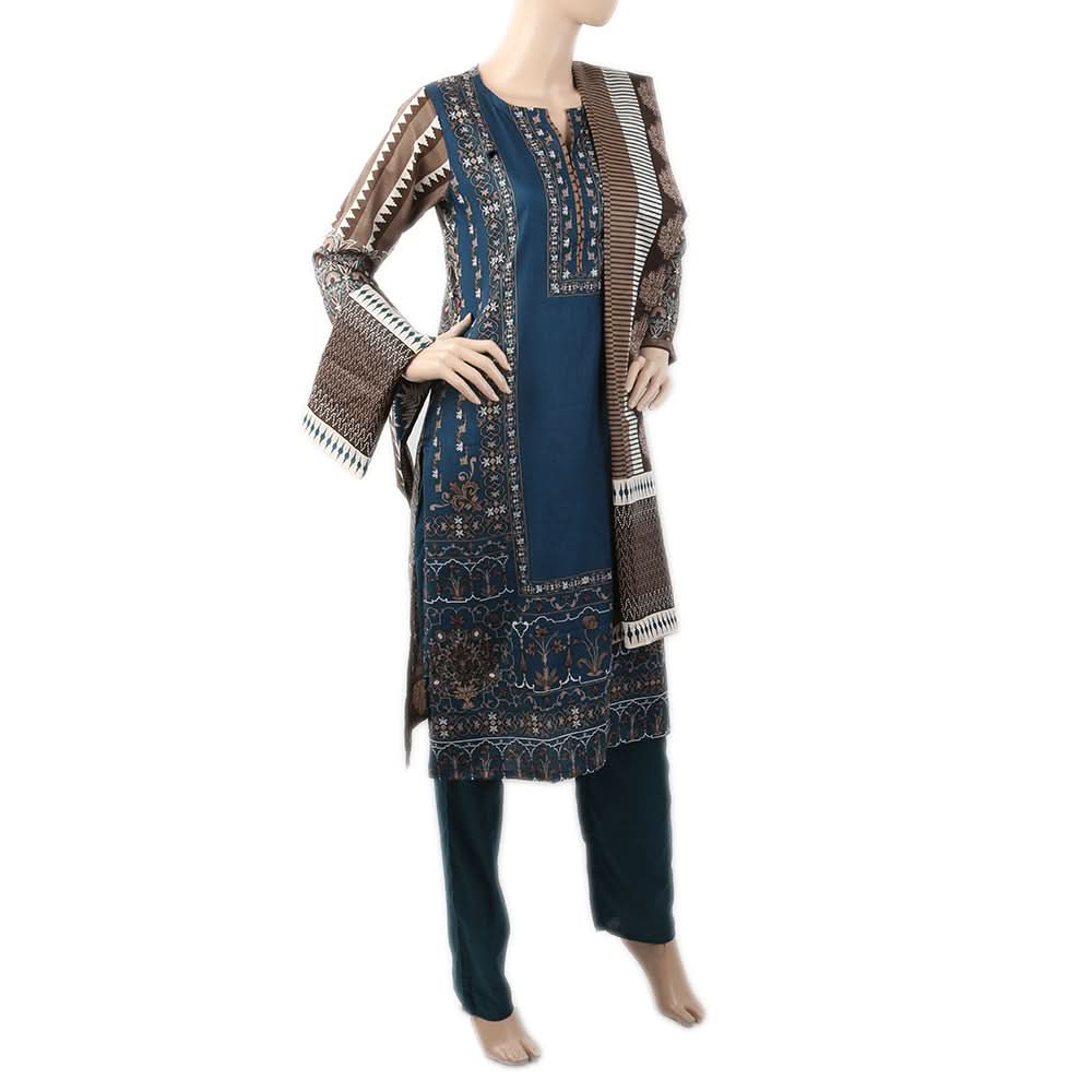 Women's Printed 3Pcs Shalwar Suit WQB 5034 A - Steel Blue, Women, Shalwar Suits, Chase Value, Chase Value