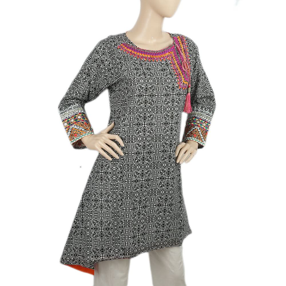 Women's Printed Embroidered Kurti - Black, Women, Ready Kurtis, Chase Value, Chase Value