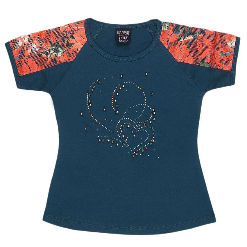 Girls Half Sleeve Fancy T-Shirt - Steel Blue - test-store-for-chase-value