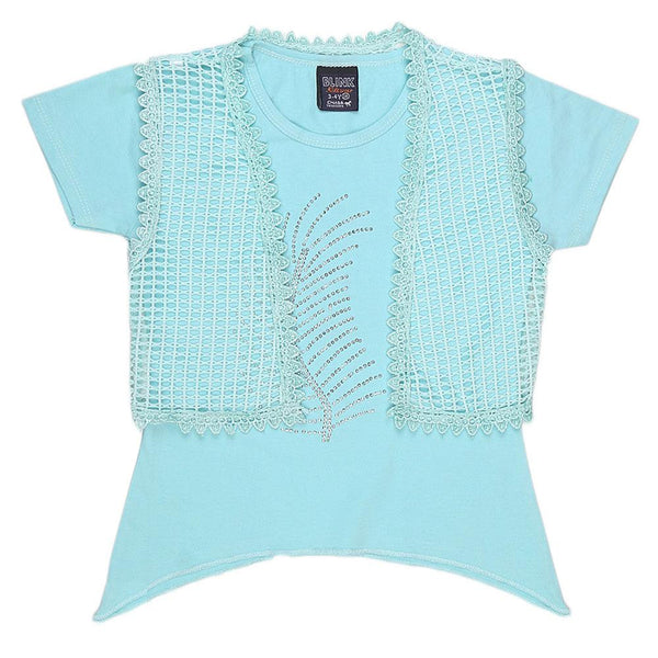 Girls Half Sleeve Fancy T-Shirt - Cyan - test-store-for-chase-value