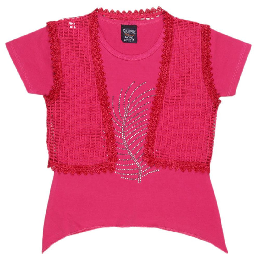 Girls Half Sleeve Fancy T-Shirt - Dark Pink - test-store-for-chase-value
