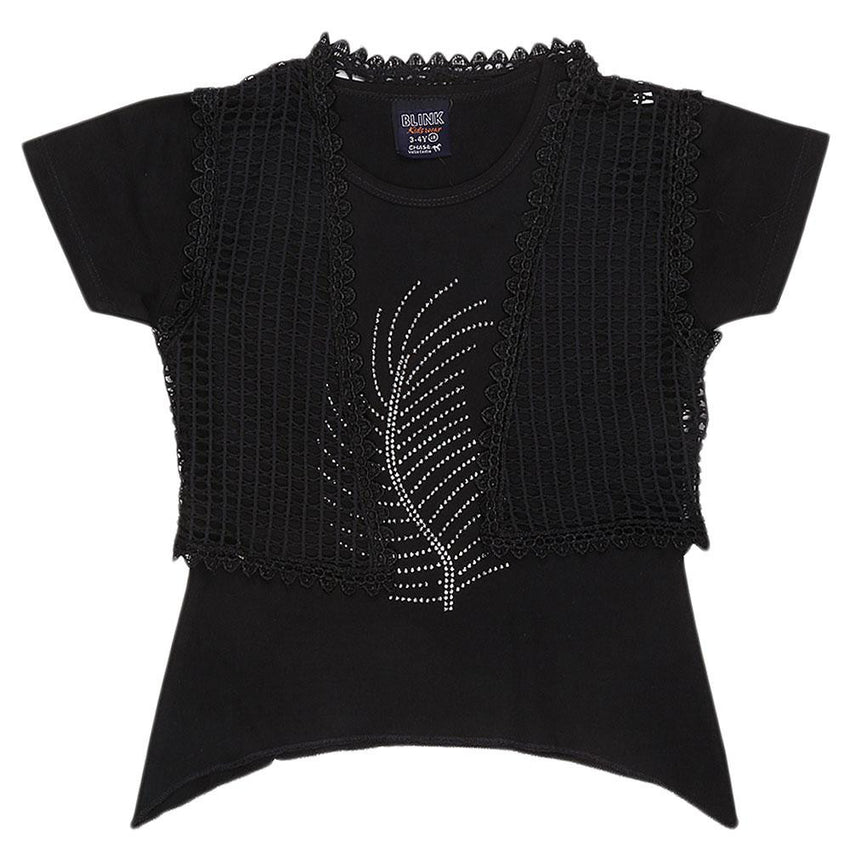 Girls Half Sleeve Fancy T-Shirt - Black - test-store-for-chase-value