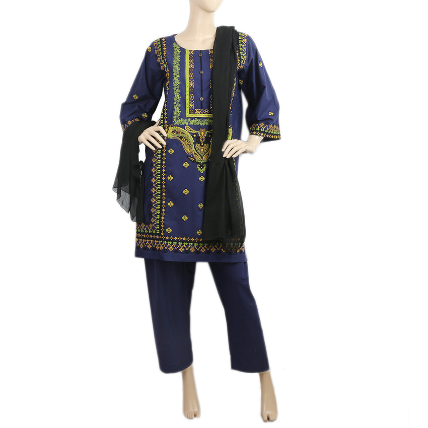 Women's Embroidered 3Pcs Stitched Shalwar Suit - Navy Blue, Women, Shalwar Suits, Chase Value, Chase Value
