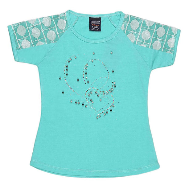 Girls Half Sleeve Fancy T-Shirt - Cyan - test-store-for-chase-value