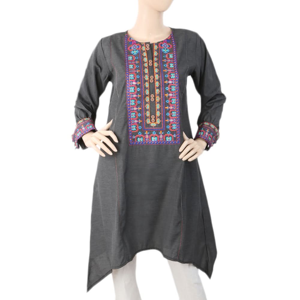 Women's Embroidered Kurti Front Button - Black, Women, Ready Kurtis, Chase Value, Chase Value